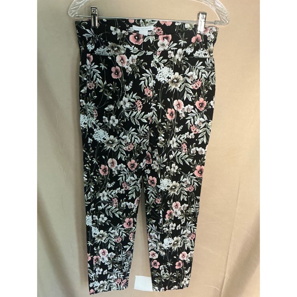 Linda Matthews Floral Ankle Pants Womens 10 Black Pink Excellent Tapered Stretch